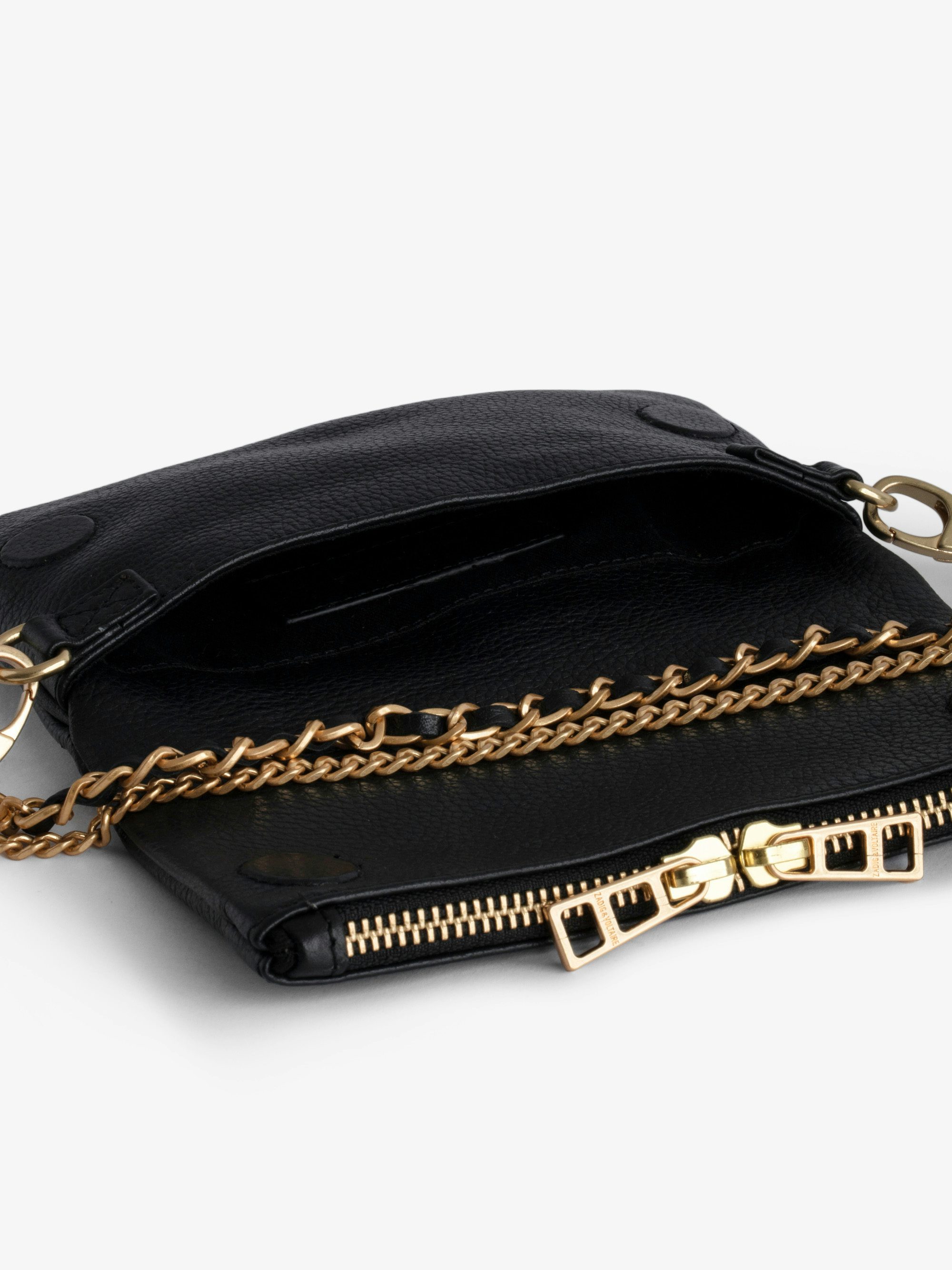 Rock Nano Clutch - Grained leather clutch with double leather and metal chains and rhinestone-adorned wings.